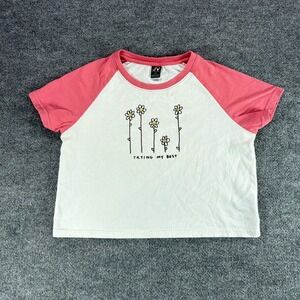 Jac Vanek Trying My Best Daisy Raglan Baby Tee Pink White‎ Womens Large